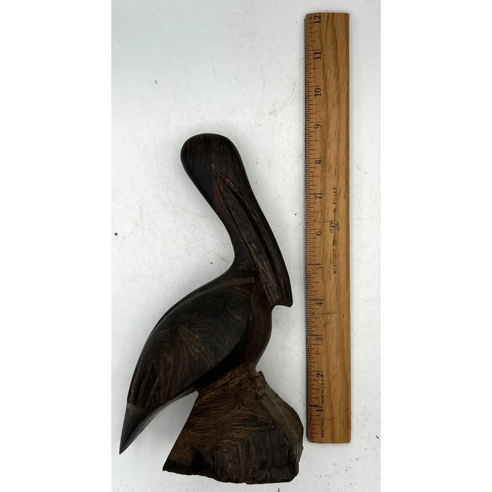 Vintage Wood Hand Carved Wooden Pelican Exotic Hard Iron‎ Statue 9